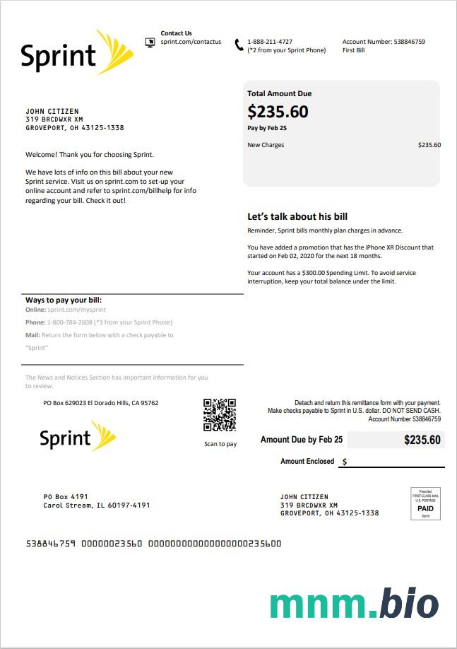 Szablon rachunku za media w USA Sprint (T-Mobile) w formacie Word i PDF